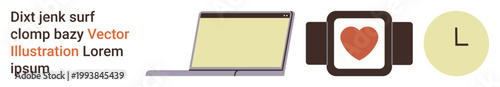 Technology, healthcare, time management, wearable tech, productivity, lifestyle. A laptop, smartwatch with heart and clock icon. Technology and healthcare in a minimalistic layout