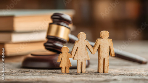 Courtroom scene with wooden family figures and gavel on desk representing family law and legal matters