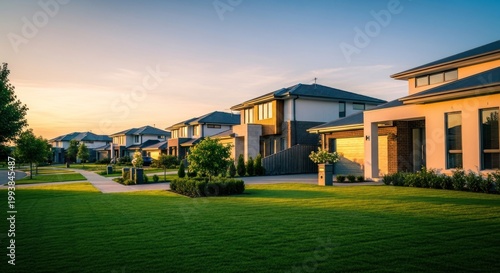 Modern Suburban Homes at Sunset with Lush Green Lawns.