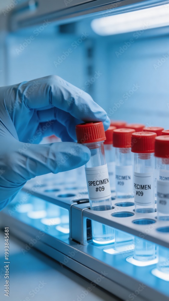 Fototapeta premium A medical professional in a laboratory setting carefully handles a specimen vial, showcasing attention to detail and adherence to safety protocols in medical research.