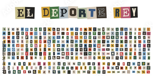 Alfabeto de letras recortadas estilo nota de rescate con frase el deporte rey para diseño creativo