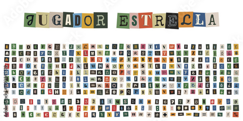 Letras recortadas de periódicos tipo collage vintage con frase Jugador Estrella y símbolos para arte digital