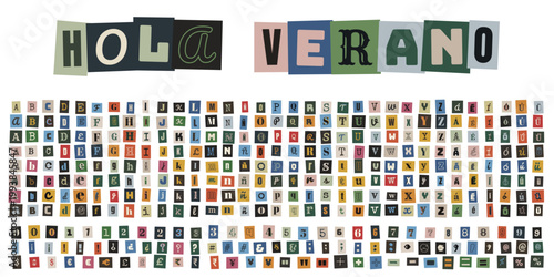 Alfabeto de recortes de revista estilo nota de rescate con frase Hola Verano para diseño creativo