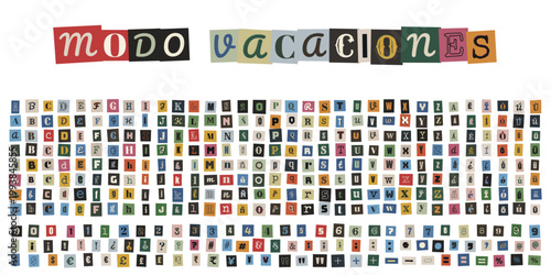 Alfabeto de recortes de revistas estilo nota de rescate para diseño de vacaciones y viajes