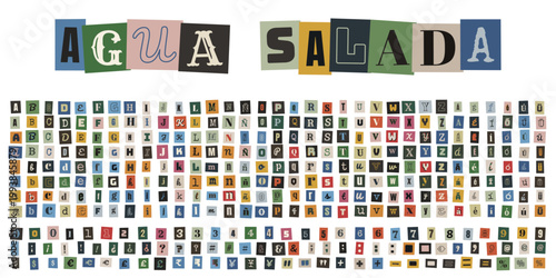Alfabeto de recortes de revistas estilo nota de rescate anonima agua salada