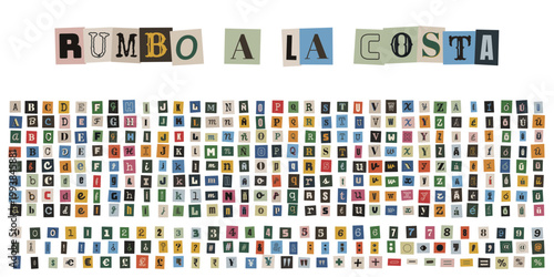 Alfabeto de letras recortadas estilo nota de rescate para diseño de viajes y vacaciones