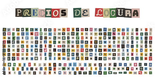 Alfabeto de recortes estilo nota de rescate para marketing de guerrilla y ofertas de locura