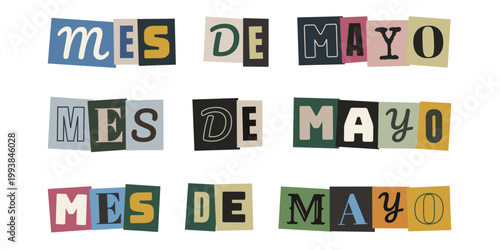 Mes de mayo en estilo de recortes de revista para collage creativo y diseño retro