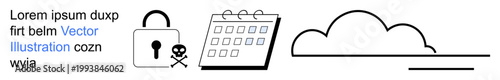 Cybersecurity, data protection, scheduling, cloud storage, deadlines, technology management. Padlock with skull, calendar icon and cloud outline. Cybersecurity and data protection theme