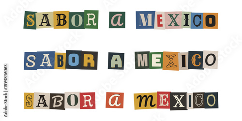 Frase Sabor a México con letras de recortes estilo collage vintage para diseño de gastronomía