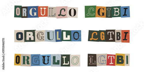 Letras recortadas estilo fanzine con el texto Orgullo LGTBI para diseño de activismo y diversidad