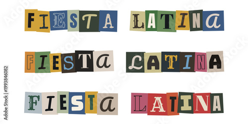 Texto fiesta latina con letras recortadas estilo collage para evento cultural retro