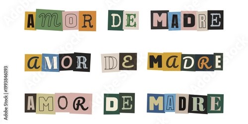 Frase Amor de Madre con letras recortadas estilo nota de rescate vintage para tarjetas y diseño