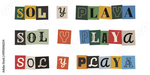 Frase sol y playa en estilo collage retro con letras recortadas de revistas para diseño de verano