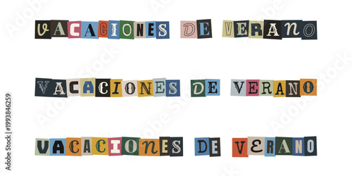 Texto vacaciones de verano con letras recortadas estilo collage para diseño creativo y retro