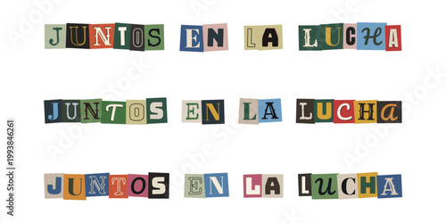 Frase Juntos en la lucha en estilo de recortes de revista para activismo social y protesta comunitaria