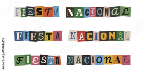 Letras de recortes estilo collage para cartel de Fiesta Nacional, diseño creativo anonimo