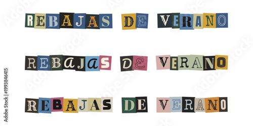 Letrero de rebajas de verano estilo nota de rescate anonima para marketing creativo