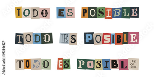 Todo es posible frase motivadora en estilo collage de recortes de revista para vision board