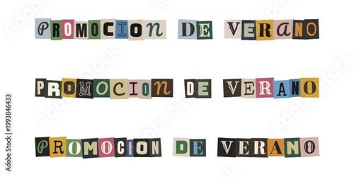 Promocion de verano con letras recortadas estilo nota de rescate y collage vintage