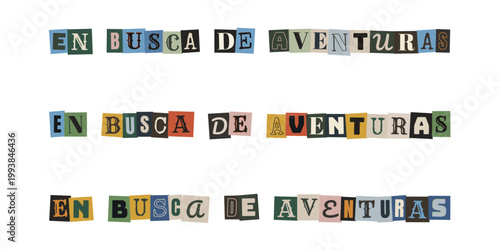 Frase en busca de aventuras con letras de recortes estilo collage para diario de viaje y scrapbooking
