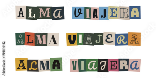 Frase alma viajera en letras recortadas tipo collage para diario de viaje y scrapbooking retro