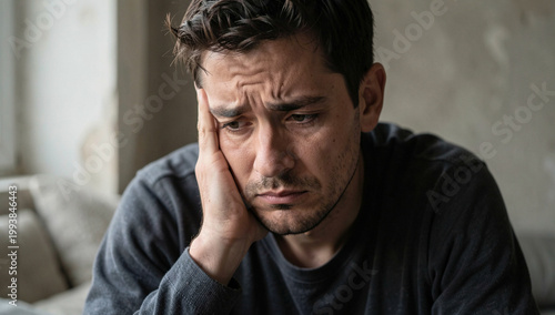 A man sits in a room, deep in thought as he rubs his chin. His gaze is directed downwards and he appears lost in thought. The setting suggests a quiet moment of reflection.