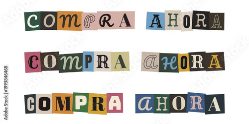 Frase compra ahora en estilo de nota de rescate para marketing de guerrilla y promociones creativas
