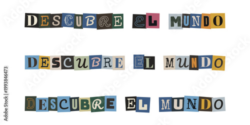 Letras recortadas estilo nota de rescate formando la frase descubre el mundo para diario de viajes