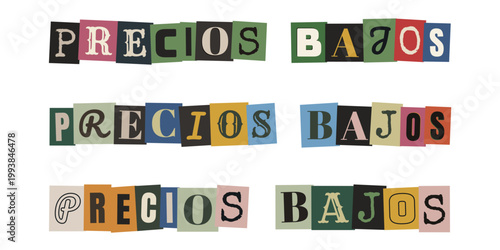 Letras recortadas estilo nota de rescate con mensaje de precios bajos para marketing creativo