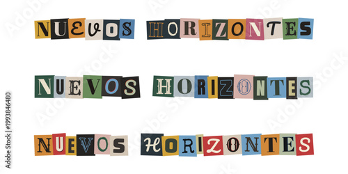 Frase Nuevos Horizontes en estilo de nota de rescate para collage creativo