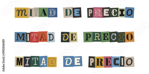 Frase mitad de precio con letras recortadas estilo nota de rescate para rebajas y ofertas