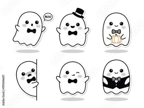 Tableau sur toile Collection of Adorable Halloween Ghost Cartoon Characters with Bow Ties