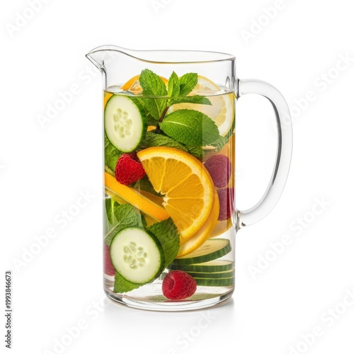 Infused Water with Orange, Cucumber, Raspberry and Mint in Glass Pitcher Isolated on White Background