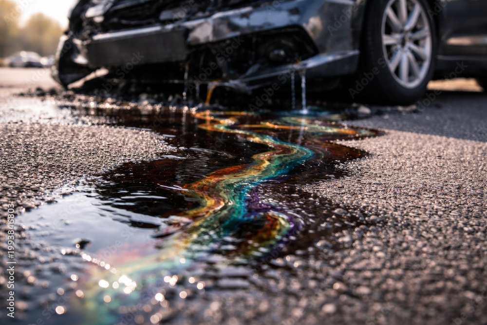 Fototapeta premium Car leak creating colorful reflection on asphalt surface