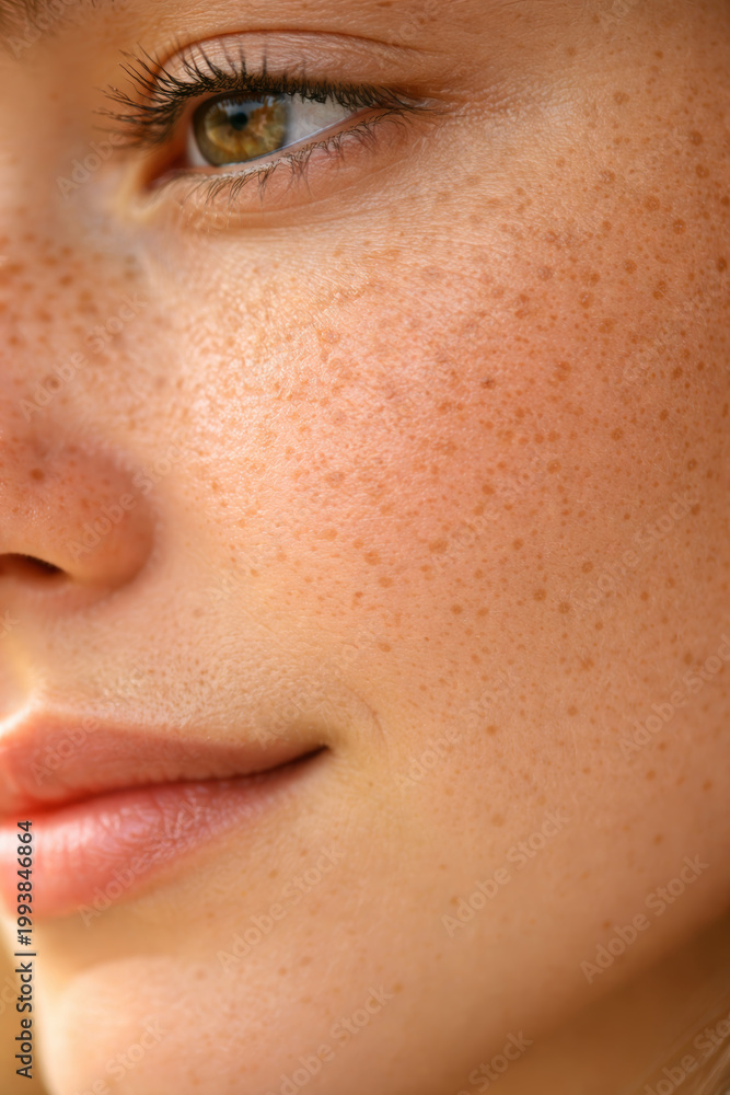 Naklejka premium Close-up of a young woman's freckled face and eye