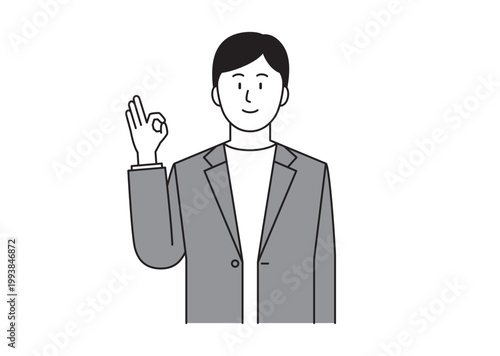 笑顔でOKサインを出すジャケット姿の若い男性のイラスト