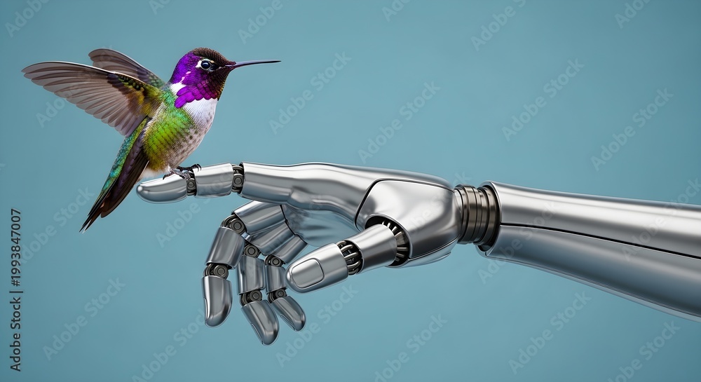 Fototapeta premium Robotic hand with hummingbird, metallic arm, nature technology, innovation concept, futuristic interaction