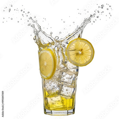 Lemonade Splash with Ice Cubes and Lemon Slices in Glass Isolated on White Background