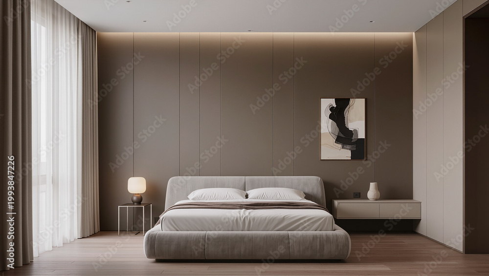 Fototapeta premium Minimalist Bedroom Interior with Neutral Earth Tones and Soft Lighting