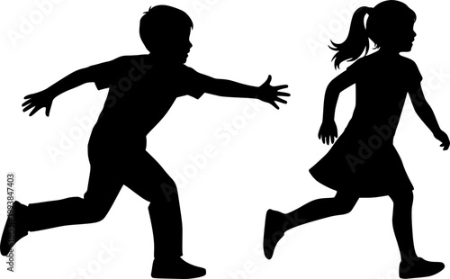 Children Playing Tag Vector Silhouette; Boy and Girl Running and Chasing on Playground, Active Kids Game