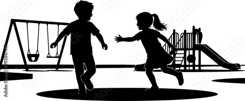 Children Playing Tag Vector Silhouette; Boy and Girl Running and Chasing on Playground, Active Kids Game