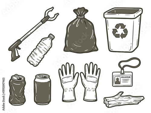 Photography Collection of Litter Cleanup Tools and Items Illustration.