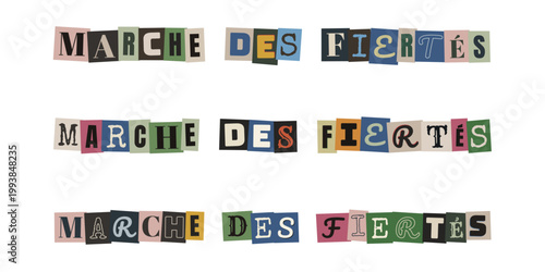 Lettres decoupees style collage formant le texte marche des fiertes pour design militant