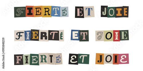 Message Fierte et Joie en lettres de magazine decoupees style collage pour LGBTQ