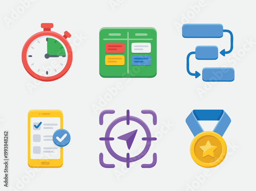 Colorful Project Management Icons Representing Time Tasks and Goals.
