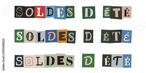 Soldes d'été en lettres découpées style collage vintage pour commerce et boutique