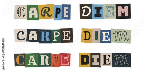 Citation Carpe Diem en lettres découpées style collage pour tableau de visualisation