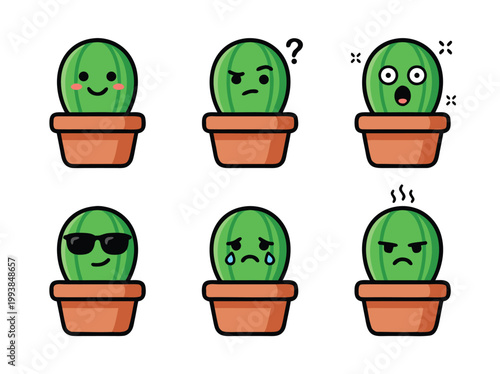 Cute Cactus Emoticons Set.