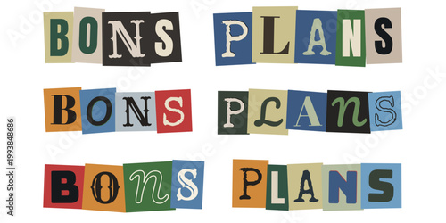 Cuadro en lienzo Bons plans écrit avec des lettres découpées style collage pour marketing et astu